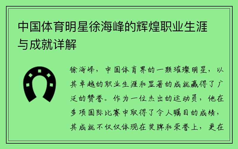 中国体育明星徐海峰的辉煌职业生涯与成就详解